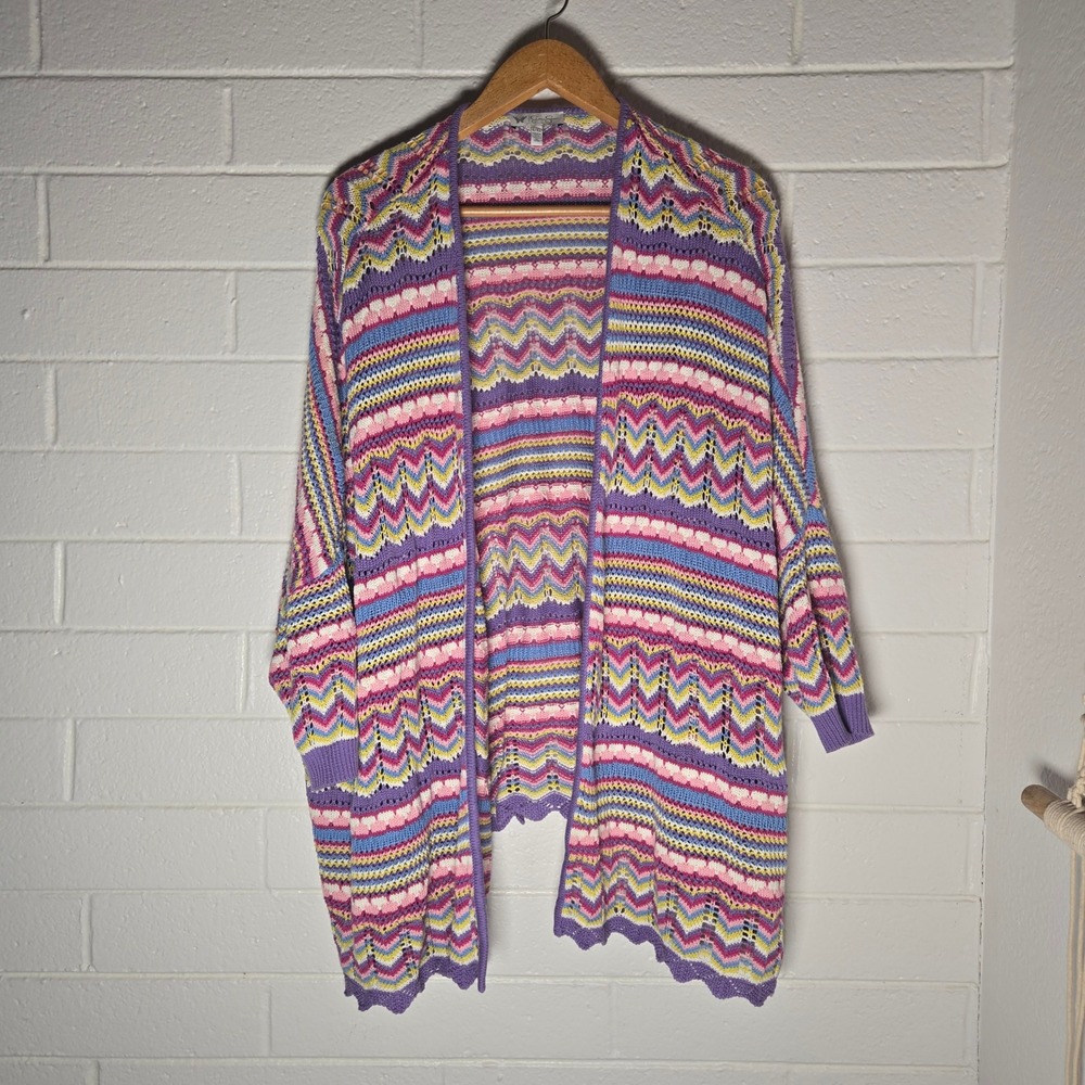 Jessica Simpson Cotton L/XL Crochet Chevron‎ Cardigan Multicolor Boho Maximalist